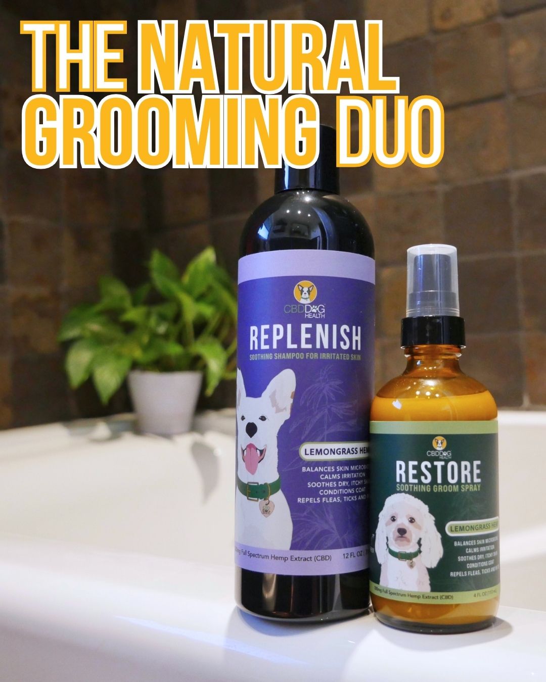 Two pet grooming products labeled 'Replenish' and 'Restore' on a bathroom counter.