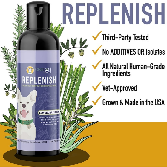 Bottle of Replenish CBD dog shampoo with lemongrass aroma.