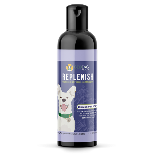 Replenish CBD Dog Shampoo soothes itchy, dry skin with 200mg full spectrum hemp extract. Gentle, hypoallergenic, and safe for sensitive dogs.